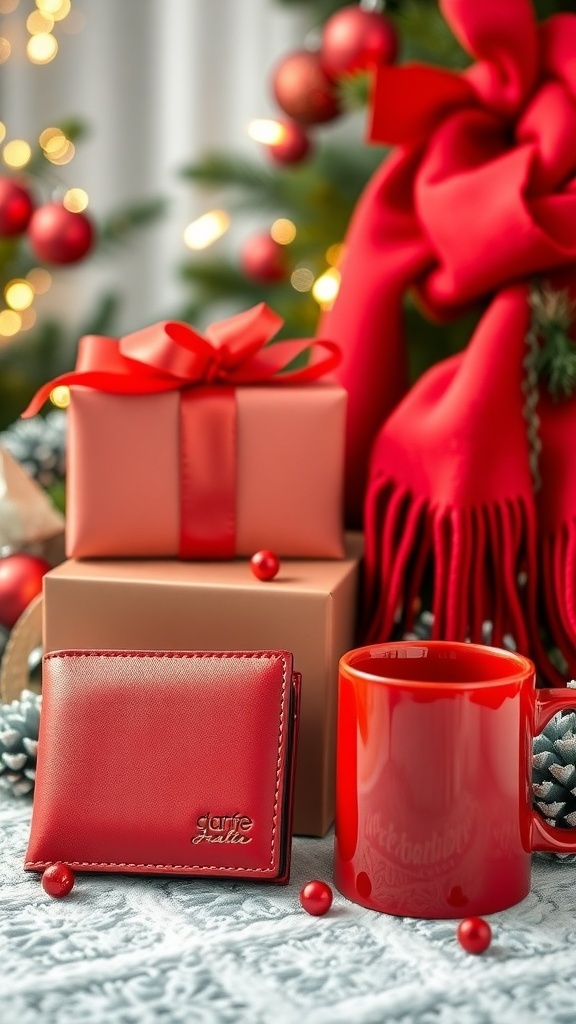 A collection of red-themed Christmas gifts for a boyfriend on a festive background.